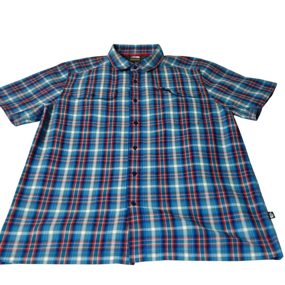 The North Face Nylon Button Shirt Mens L Blue‎ Red Plaid S/S Performance Hiking